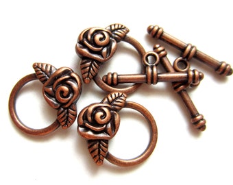 Flower Toggles antique copper roses 6 sets jewelry findings copper clasp 20mm x 17mm