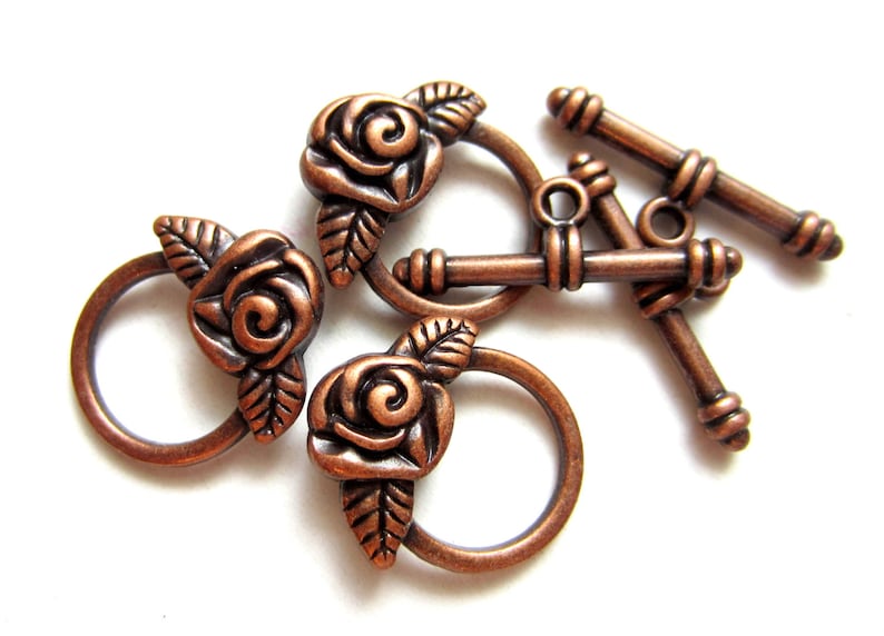 Flower Toggles antique copper roses 6 sets jewelry findings copper clasp 20mm x 17mm image 1