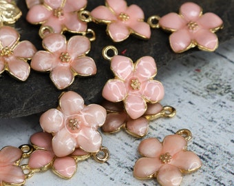 Pink Enamel Gold Plated Flower Charms, Pink Enamel Jewelry Charms, Qty 6