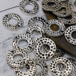 18 Antique Silver Large Hole Silver Link Beads, Hammered Silver Washer Connector, Jewelry Connector