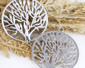 Silver Tree Pendants, Antique Metal Tree of Life Charms, 38mm, Qty: 6