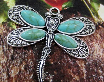 Silver Turquoise Dragonfly Pendant, Large Boho Statement Focal with Stone Center, Nature Inspired Jewelry Component
