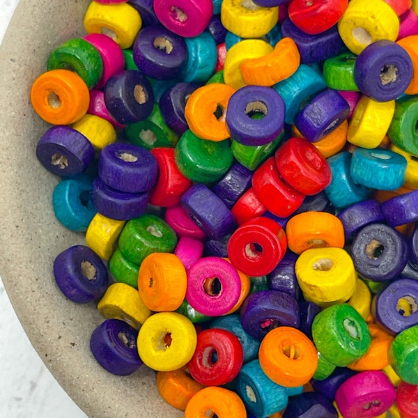 Painted Wood Beads Mixed Color Wooden Beads 6mm x 3mm round flat wood beads Qty 300