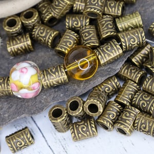 Patterned Metal Tube Bead Spacer in Bronze, Large Hole Bronze Spacer Bead, Qty 24