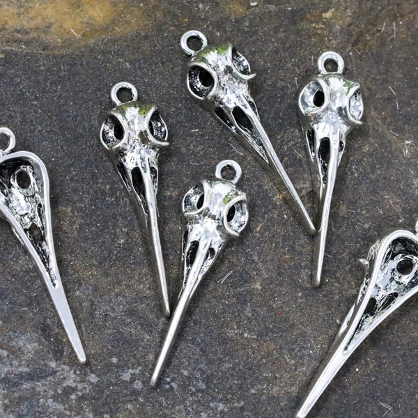 4 Silver Bird Skull Charms - Animal Skeleton DIY Jewelry Goth Wicca Macabre Raven Hummingbird Crow Charm