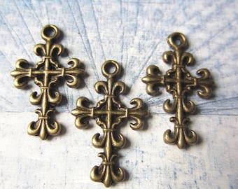 Antique Bronze Cross Charms, Fleur-de-Lis Metal Pendants with Vintage Finish, 23x14mm, Qty: 10