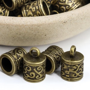 16 Antique bronze barrel end bead caps cord, end tassel caps 13mm x 8.5mm leather cord ends bronze bails