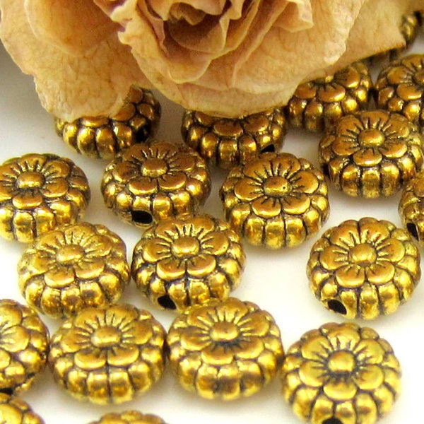 30 Gold beads flower spacers jewelry making supplies 7.5mm x 3.5mm lead free nickel free  round flower beads