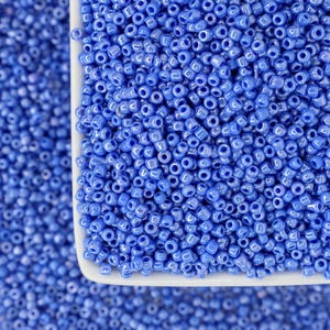 May include: A close-up shot showcases a collection of small, blue seed beads. The beads are contained within a white, rectangular dish, with additional beads scattered around. The beads have a glossy finish and are ideal for jewelry making and crafts.