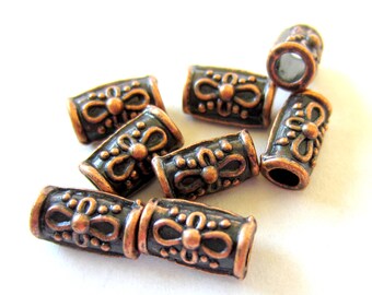 30 Beads antique red copper embossed  flower tibetan style tube spacer beads boho chic large hole beads 10mm 8mm