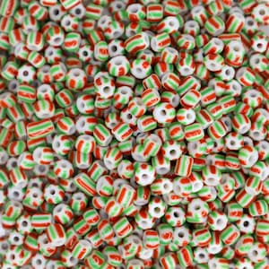 Christmas Striped Opaque Glass Seed Beads - Red and Green Round Hole Glass Beads - Size 6/0 - Qty 50g