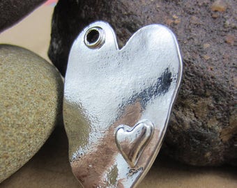 4 Rustic silver heart in Heart pendants jewelry charms necklace focals 38mm x 24mm x3mm