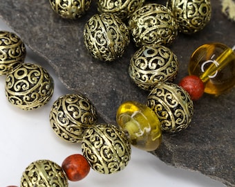 Antique Gold Filigree Focal Beads - Gold Metal Beads - Large Decorative Beads - 11mm - Qty 6