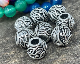Antika silverpärlor med stora hål 12 mm – tibetanska pärlor med stora hål för lädersnöre, grova smyckestillverkning, iögonfallande design Antal 12
