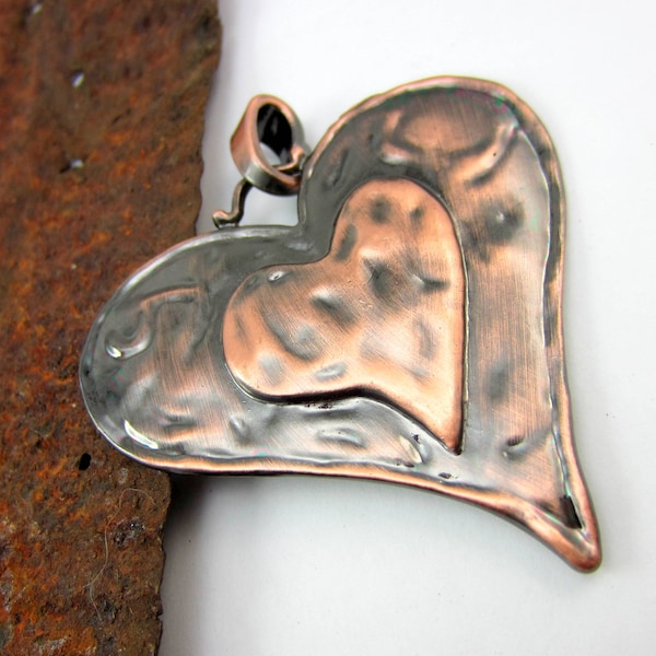 2 copper heart pendants  jewelry making charms copper boho chic gypsy jewelry 74mm x 64mm rustic copper heart pendants