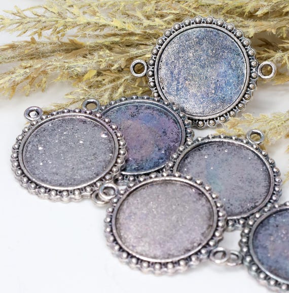 Antike silberne Cabochon-Tabletts, Doppelschlaufe 30 mm runde Lünette, DIY-Fotoschmuck oder Harz-Handwerk, Menge: 2, 6, 10