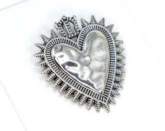 Antique Silver Radiant Heart Pendant, Large Folk Art Charm, Ornate Statement Jewelry Component, 40mm
