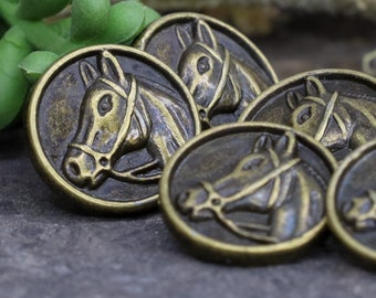 Equestrian Button - Round Bronze Buttons with Horse Motif -  Shank Button - Sewing Supplies - Wrap Bracelet Closure, Qty 6