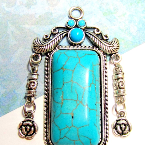 Ethnic Turquoise pendant antique silver charm  jewelry enhancer connector resin howlite 63mm x 39mm