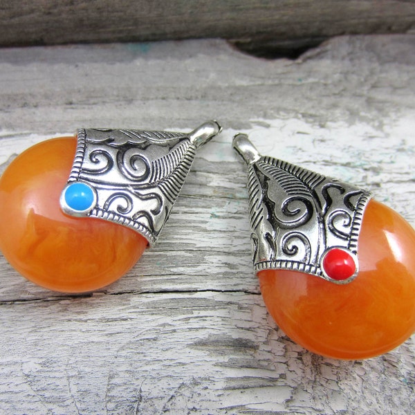 2 Faux amber pendants tribal jewelry supply teardrop pendants spiritual jewelry Nepal beads