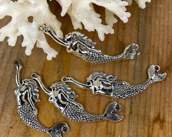 4 Mermaid connectors, pendant antique silver sea goddess charms mermaid jewelry  sea maid 58.5mm x 13.5mm