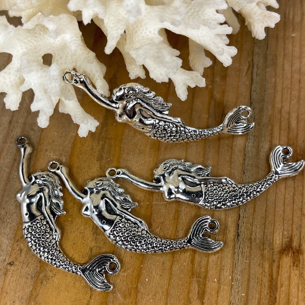 4 Mermaid connectors, pendant antique silver sea goddess charms mermaid jewelry  sea maid 58.5mm x 13.5mm