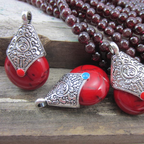 2 Faux red amber pendants tribal jewelry supply teardrop pendants spiritual jewelry Nepal beads