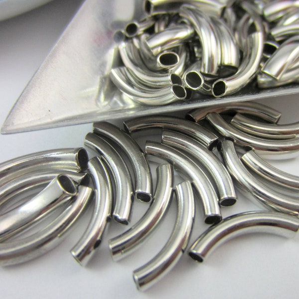 50 silver tube beads silver metal spacer beads 14mm curved noodle beads DIY jewelry supply