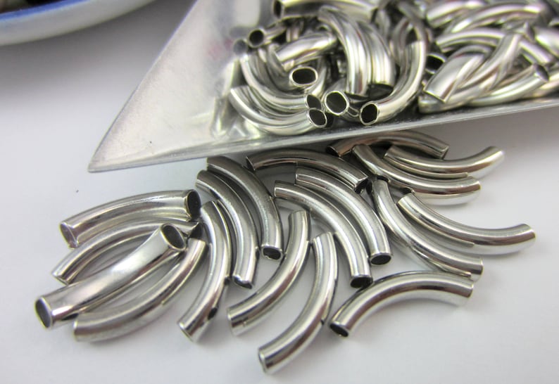 50 silver tube beads silver metal spacer beads 14mm curved noodle beads DIY jewelry supply