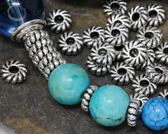 Tibetan Spiral Spacer Beads, Antique Silver Floral Spiral Metal Beads, Silver Beads, Jewelry Supplies