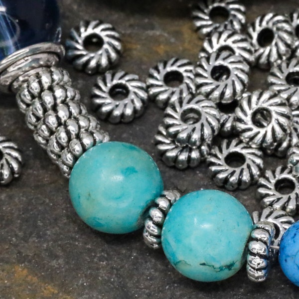 Tibetan Spiral Spacer Beads, Antique Silver Floral Spiral Metal Beads, Silver Beads, Jewelry Supplies