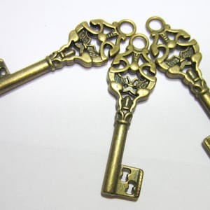 Antique Bronze Skeleton Key Charms, Vintage-Style Key Pendants with Detailed Design, 50x14.5mm, Qty: 10