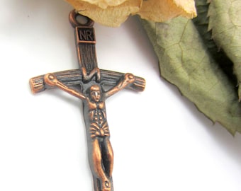 4 Rosary crucifix  pendant charms antique copper metal 51mm x 25mm lead safe nickel safe
