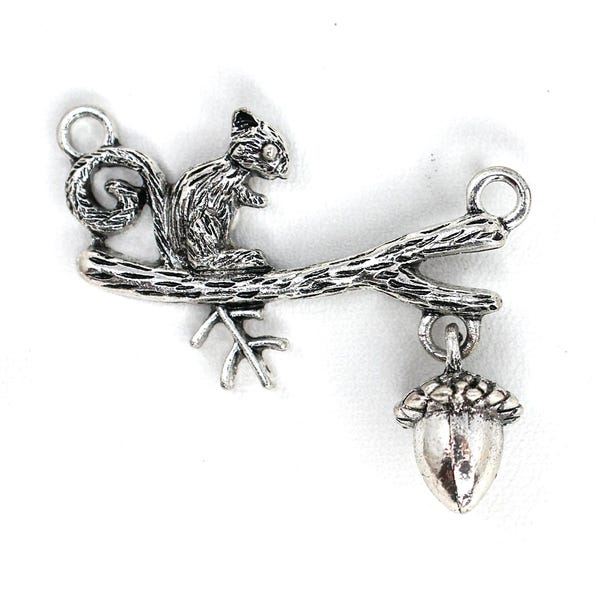 Squirrel Acorn Connector, Antique Silver Woodland Link, Nature Jewelry Connector, Rustic Forest Charm