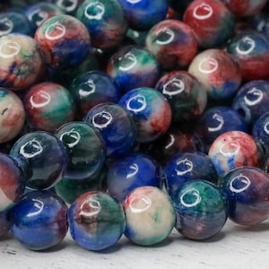 48 Jade Beads 8mm  stone dyed indigo blue w accent colors boho chic assorted gemstone beads wrap bracelet making
