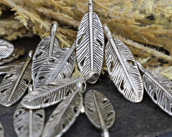 Antique Silver Feather Charms - Silver Pendant Jewelry - Metal Charms - 30mm Charm - Qty 10
