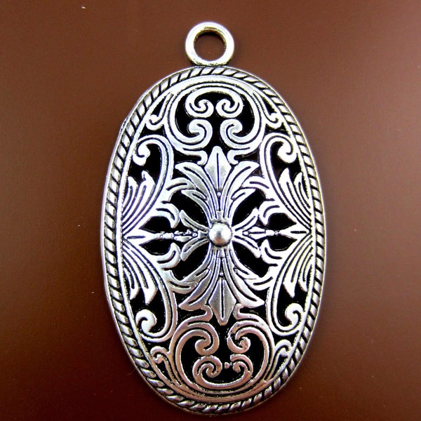 2  Silver pendants oval filigree, silver oval medallion, large metal pendants 46mm x 26mm x 6mm