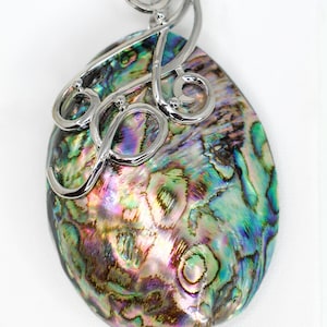 Paua Shell Teardrop Pendant, Iridescent Abalone Drop with Platinum Tone Bail, Unique Ocean Gemstone