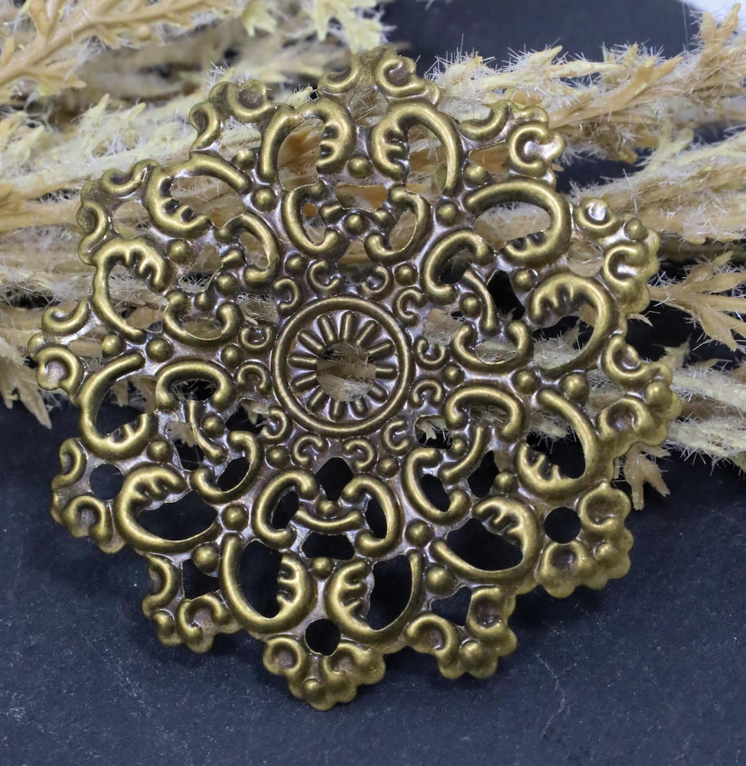 Vintage Silver Filigree stretch gold brass rose Medallion Boho Goth Vintage 70s Chunky Medallion RR Initial Filigree Boho Hippie  main image 3