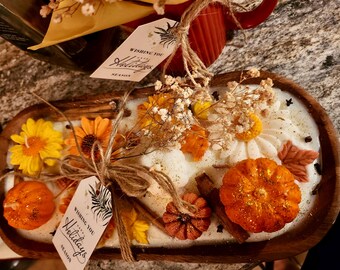 Pumpkin Dough Bowl Candle: Hand Carved Wooden Thanksgiving Centerpiece