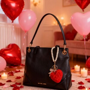 May include: Black leather handbag with gold hardware, a pearl and heart-shaped charm, and the brand name "MICHAEL KORS" visible. The background includes red and pink heart-shaped balloons, rose petals, and candles, suggesting a romantic theme.