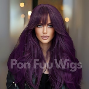 May include: A woman with long, wavy, purple hair and bangs. The hair is a deep shade of purple. The text "Pon Fu Wigs" is visible on the image. The woman is wearing a black top and a black leather jacket.