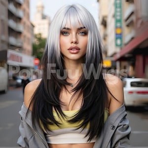 22 Inch Black White Ombre Synthetic Wigs, Heat Resistant Wig, Copslay Wig, Black Wig, White Wig, Ombre Wig, Party Wig, Straight Wig, Wigs