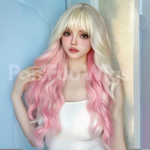 26 Inch Blonde Pink Wigs, Blonde Wigs, Pink Wigs, Ombre Wigs, Synthetic Wigs, Long Wigs, Wavy Wigs, Daily Wigs, Party Wigs, Cosplay Wigs