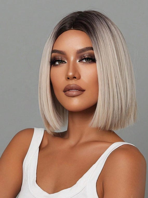 Short Ombre Blonde Bob Wig, Platinum Wigs, Straight 