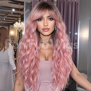 28 Inch Pink Long Curly Wig, Long Pink Wig, Curly Pink Wig, Natural Wig, Ombre Wig, Pink Wig, Cosplay Wig, Synthetic Wig, Gift For Her