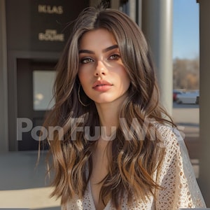 Puede incluir: Una mujer con cabello castaño largo y ondulado y aros. Lleva una blusa de encaje blanco. La imagen tiene el texto "Pon Fuu Wigs" en el centro inferior. El fondo incluye un edificio y la luz del sol.