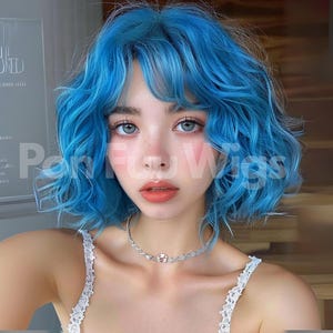 12 Inch Blue Wigs, Short Wigs, Wavy Wigs, Woman Wigs, Synthetic Wigs, Bob Wigs, Blue Hair, Woman Hair, Party Wigs, Cosplay Wigs, Hair Wigs