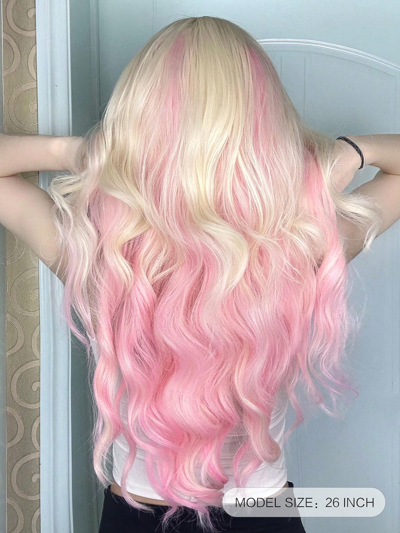 New Ombre pink 26 inch long synthetic wig MORICA 26 Inch Long Wavy Ombre Pink Wig, Heat Resistant  main image 2
