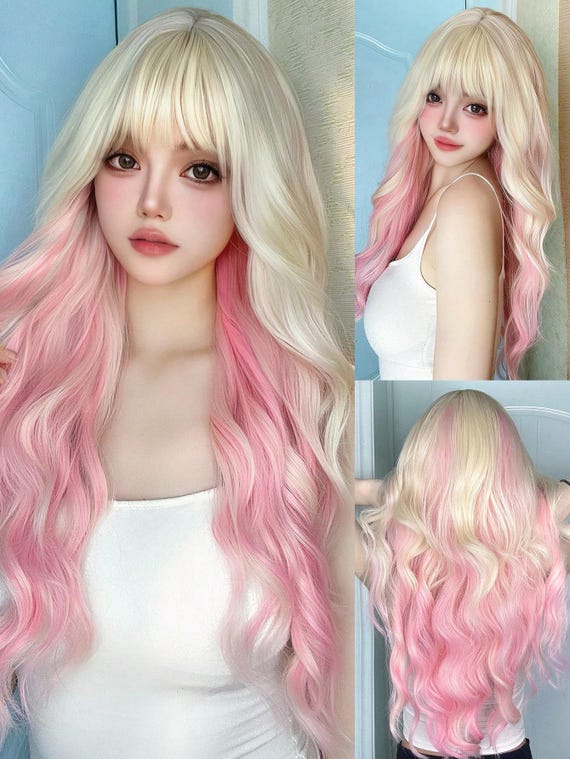 Long Layered Pink Ombre Wig Amazon.com : WIGER Long Wavy Wig With Bangs Pink Romantic  main image 4